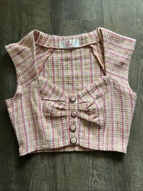 Krush Pink and Cream Tweed Bow-Accent Crop Top